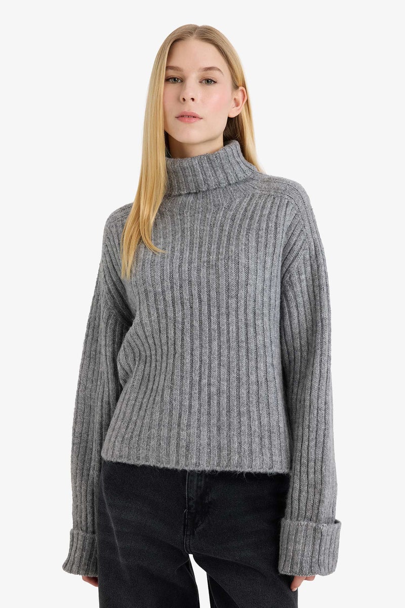 DeFacto Grey Woman Oversize Turtleneck Pullover Casual - Image 1